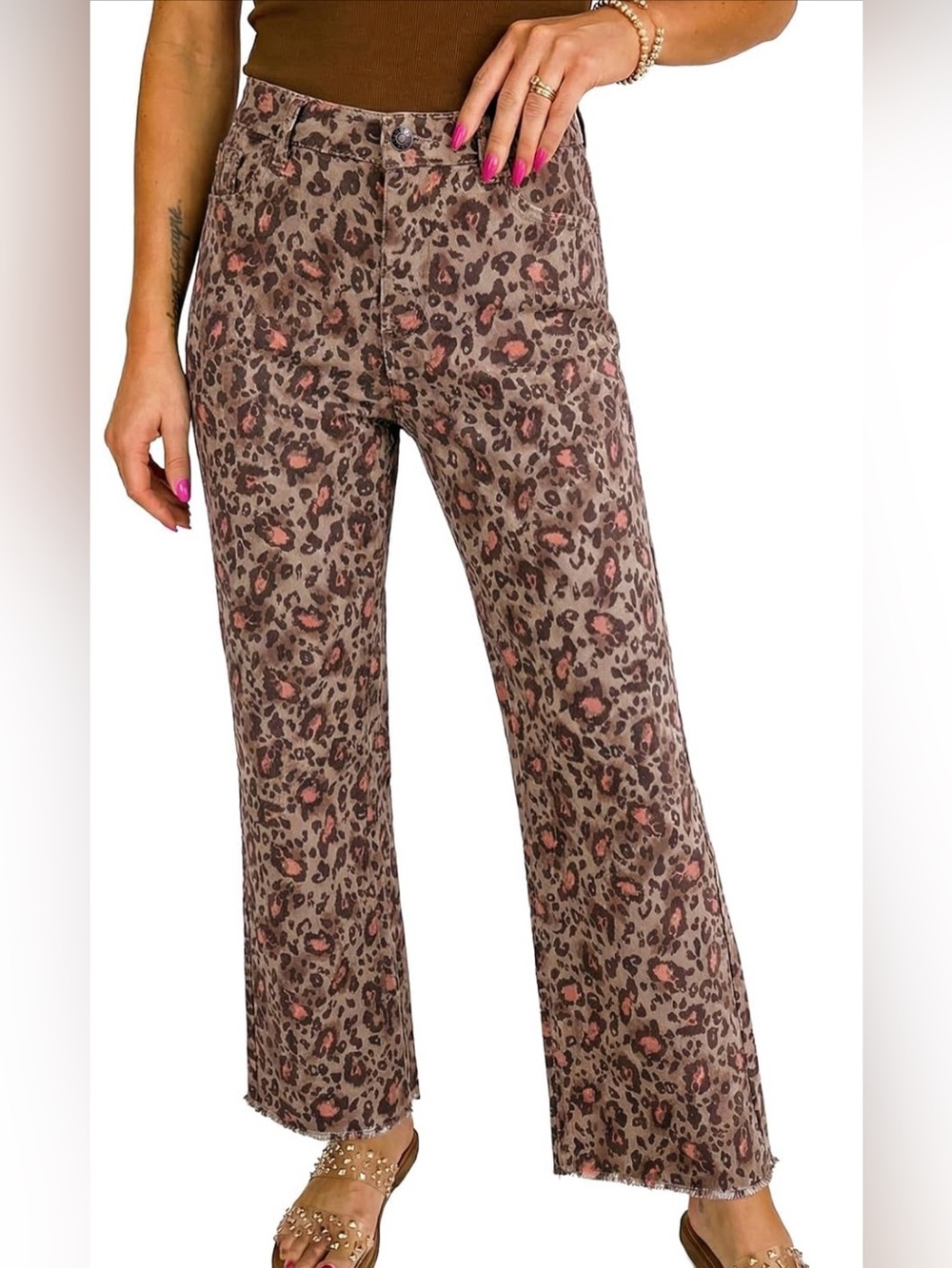 Leopard Print Wide-Leg Pants in Brown & Pink Size 8